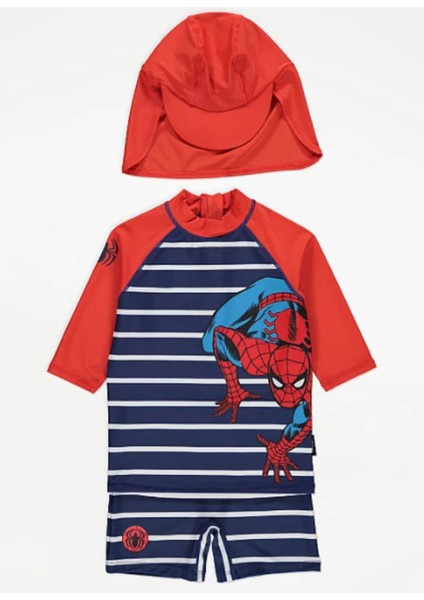 Erkek Çocuk Spiderman Baskılı Kısa Kollu ve Şapkalı Kırmızı Güneş Korumalı T-Shirt Mayo Seti