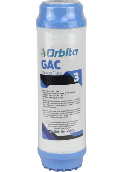 25 Adet Orbita 10" Gac Granül Aktif Karbon Filtre