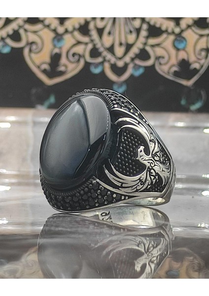 Gümüş 925 Ayar Gümüş Erkek Yüzüğü Oniks Taşlı Anka Kuşu Figürlü