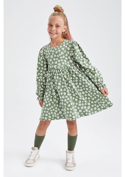 Kız Çocuk Bisiklet Yaka Çiçekli Uzun Kollu Elbise Y5050A622AU