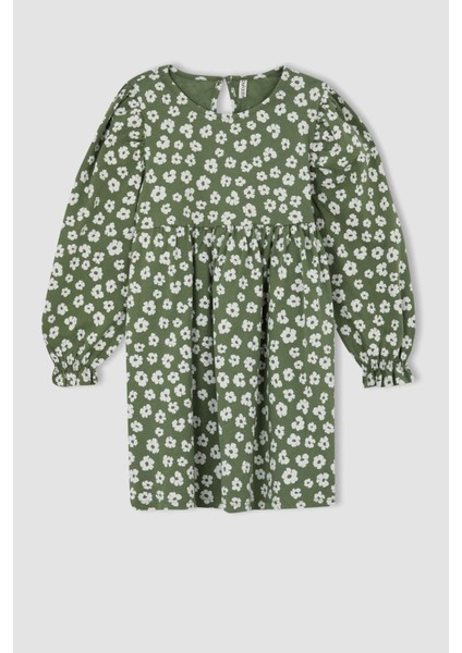 Kız Çocuk Bisiklet Yaka Çiçekli Uzun Kollu Elbise Y5050A622AU