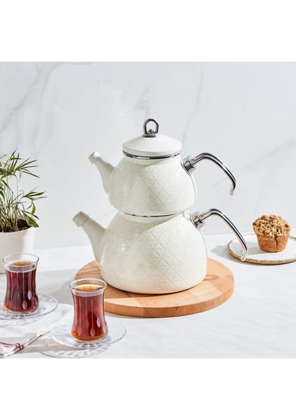 Kristal Krem Emaye Midi Çaydanlık Takımı