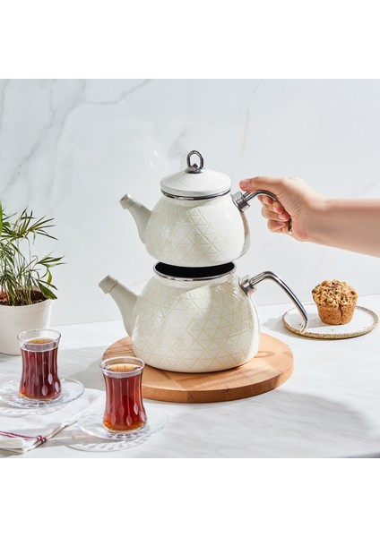 Kristal Krem Emaye Midi Çaydanlık Takımı