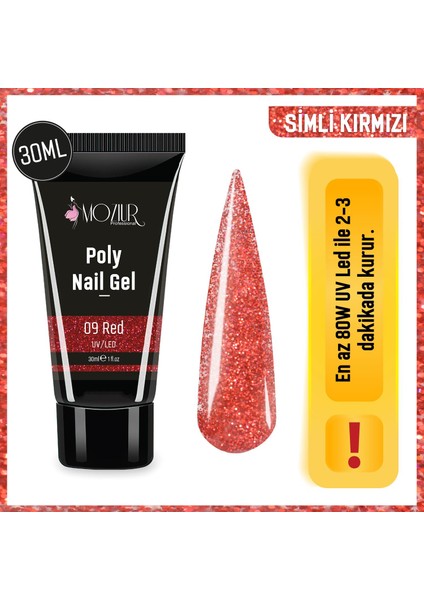 Uv/Led Poly Jel 30ml - (Şeffaf) Simli Kırmızı