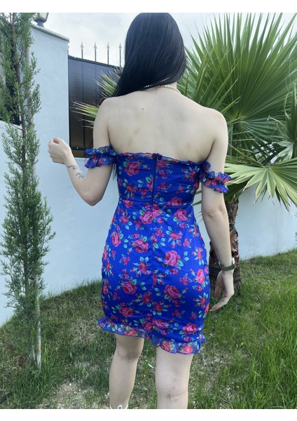 Gül Desenli Elbise Mavi