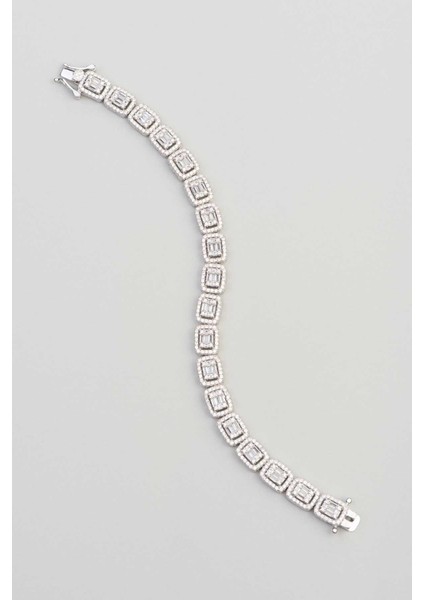 Zirkon Taşlı 18 Ayar Beyaz Altın Kaplama Gümüş Baget Bileklik