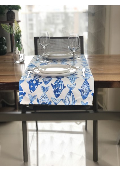 Balıklar Desenli Kare Runner Örtü