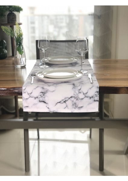 Beyaz Mermer Desenli Kare Runner Örtü