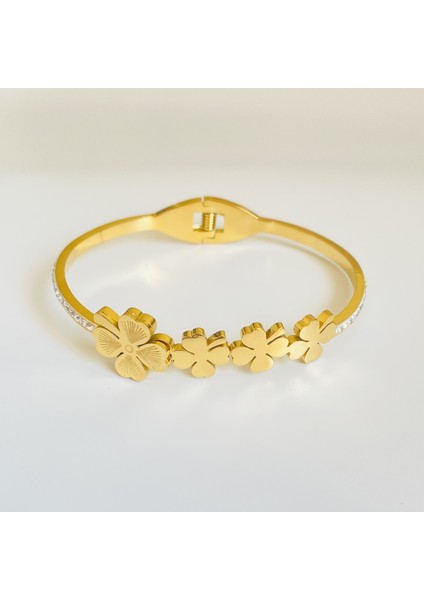 Yonca Figürlü Çelik Kelepçe Bileklik Gold 18 cm