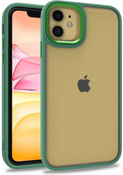 Apple iPhone 11 Kapak Metal Kamera Korumalı Arkası Şeffaf Silikon Kılıf - Yeşil