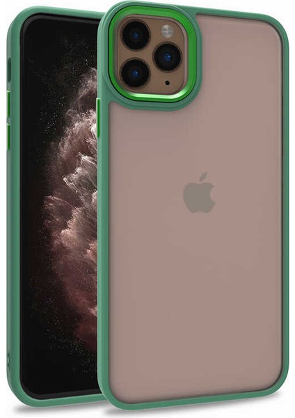 Apple iPhone 11 Pro Max Kapak Metal Kamera Korumalı Arkası Şeffaf Silikon Kılıf - Yeşil