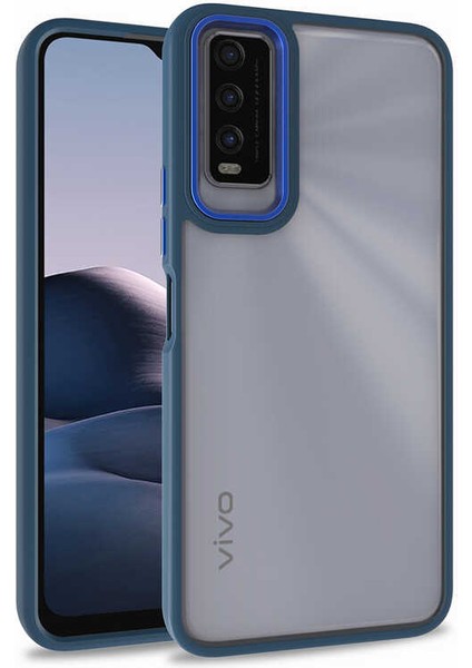Vivo Y20 Kapak Metal Kamera Korumalı Arkası Şeffaf Silikon Kılıf - Mavi