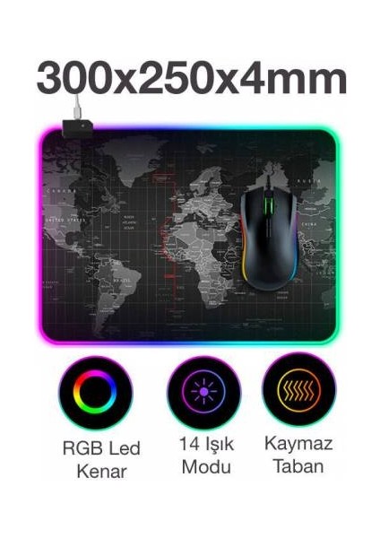 Rgb Işıklı Mouse Pad, 14 Işık Modlu Kaymaz Tabanlı Kauçuk Kumaş Mouse Pad 300*250*4MM