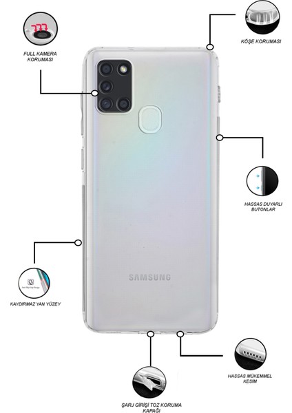 Samsung Galaxy A21S Kapak Kamera Korumalı Tıpalı Şeffaf Silikon Kılıf