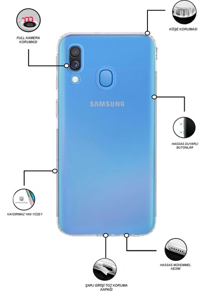 Kzy Samsung Galaxy A40 Kapak Kamera Korumalı Tıpalı Şeffaf Silikon Kılıf