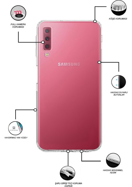 Kzy Samsung Galaxy A7 2018 Kapak Kamera Korumalı Tıpalı Şeffaf Silikon Kılıf