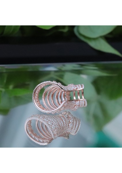 Necati Gün Gümüş Ear Cuff Zirkon Taşlı Rose Gold Kaplama Çiçek Gümüş Küpe