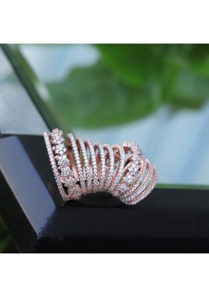 Necati Gün Gümüş Ear Cuff Zirkon Taşlı Rose Gold Kaplama Çiçek Gümüş Küpe