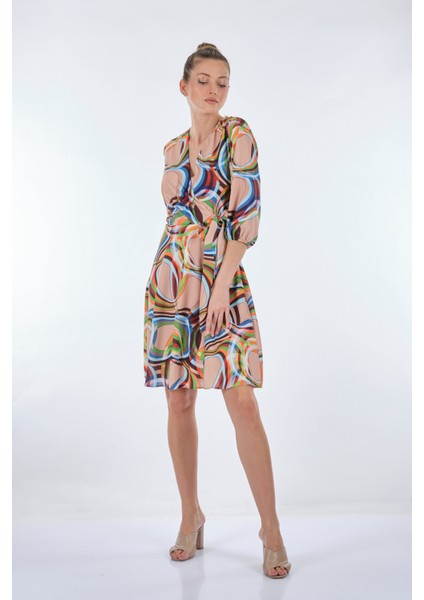 Midi V Yaka Sarımlı Elbise - Geometrik Desen - Günlük modelleri