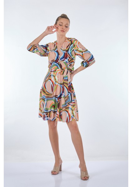 Midi V Yaka Sarımlı Elbise - Geometrik Desen - Günlük fırsatları