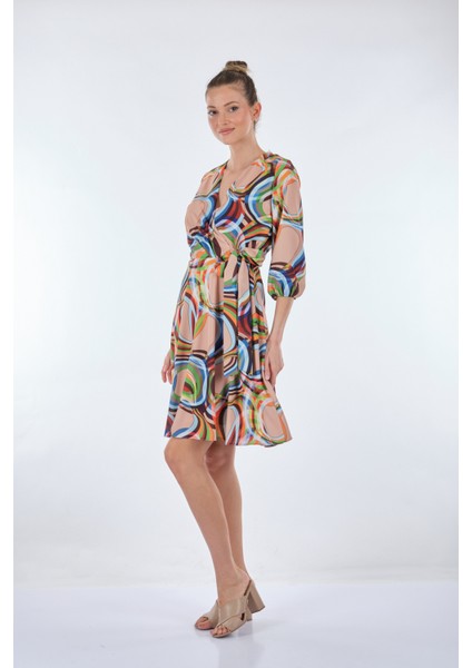 Midi V Yaka Sarımlı Elbise - Geometrik Desen - Günlük indirimleri