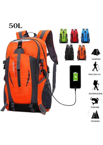 50L USB Jack Açık Hiking Spor Trekking Balıkçılık Su Geçirmez Kamp Erkekler ve Kadınlar Çiftler Omuz Çantası Sırt Çantası Dağcılık Çantası Açık Spor Sırt Çantası (Turuncu)