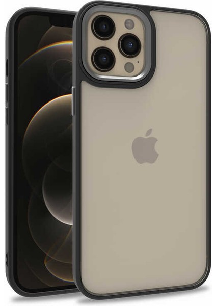 Caseart Apple iPhone 12 Pro Max Kapak Metal Kamera Korumalı Arkası Şeffaf Silikon Kılıf - Siyah