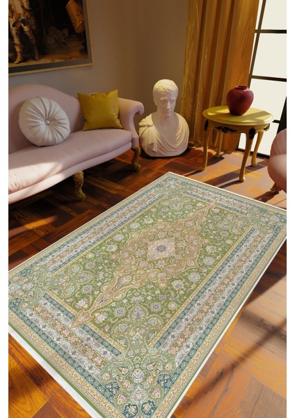 Salon Halısı Salon Halısı Eskitme Klasik Yeşil Kaydırmaz Kesme Yıkanabilir Ince Halı Tüysüz Kilim