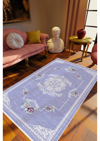 Salon Halısı Figürlü Çiçekli Mor Mavi Kaydırmaz Kesme Yıkanabilir Ince Halı Tüysüz Kilim
