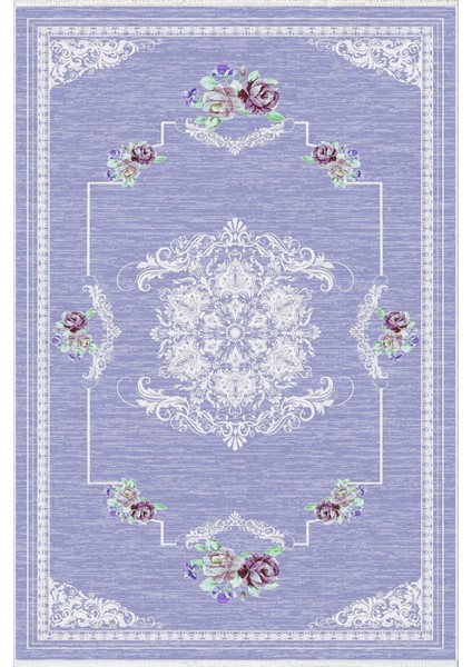 Salon Halısı Figürlü Çiçekli Mor Mavi Kaydırmaz Kesme Yıkanabilir Ince Halı Tüysüz Kilim