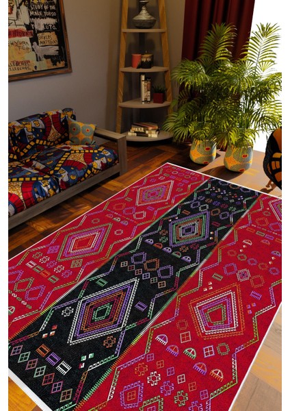 Salon Halısı Kilim Otantik Eskitme Kırmızı Kaydırmaz Yıkanabilir Ince Halı Tüysüz Kilim