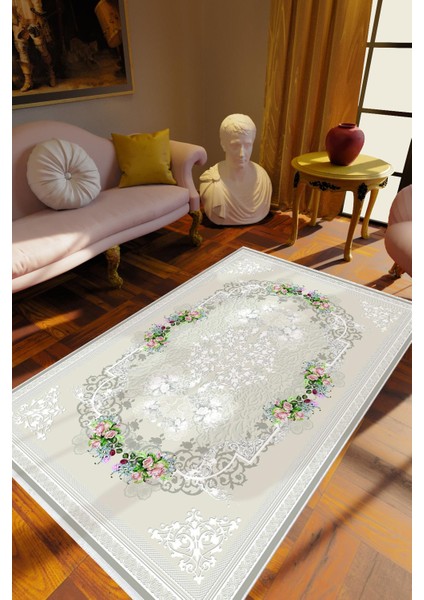Salon Halısı Figürlü Çiçekli Gri Kaydırmaz Kesme Yıkanabilir Ince Halı Tüysüz Kilim