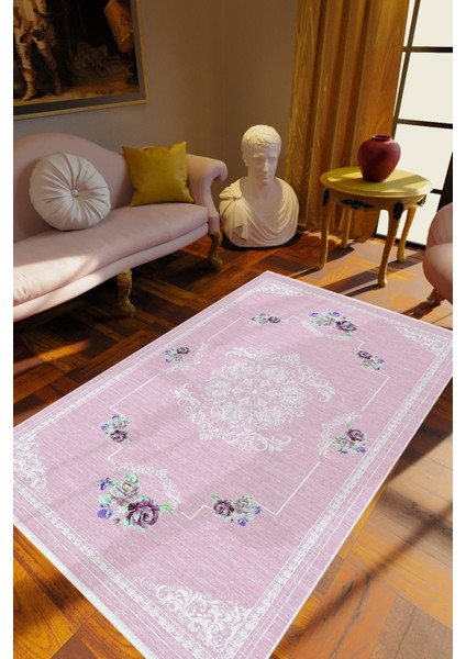 Salon Halısı Figürlü Çiçekli Mor Pembe Kaydırmaz Kesme Yıkanabilir Ince Halı Tüysüz Kilim