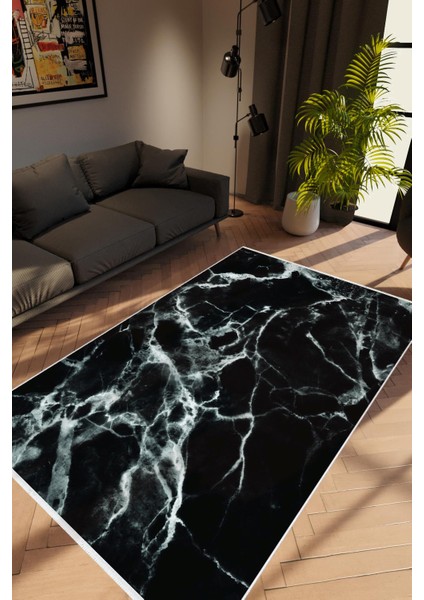 Salon Halısı Taş Mermer Modern Siyah Beyaz Kaydırmaz Kesme Yıkanabilir Ince Halı Tüysüz Kilim