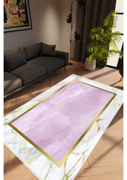 Salon Halısı Modern Çizgili Pembe Beyaz Kaydırmaz Kesme Yıkanabilir Ince Halı Tüysüz Kilim