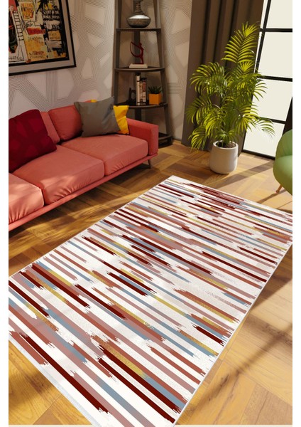 Salon Halısı Eskitme Çizgili Bordo Kaydırmaz Kesme Yıkanabilir Ince Halı Tüysüz Kilim