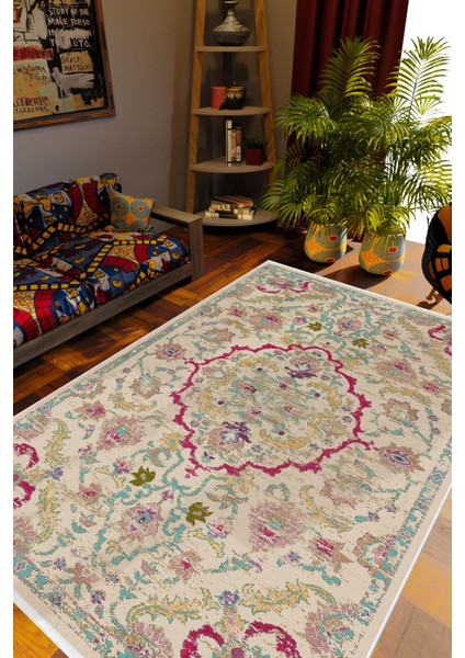 Salon Halısı Otantik Eskitme Ekru Kaydırmaz Kesme Yıkanabilir Ince Halı Tüysüz Kilim