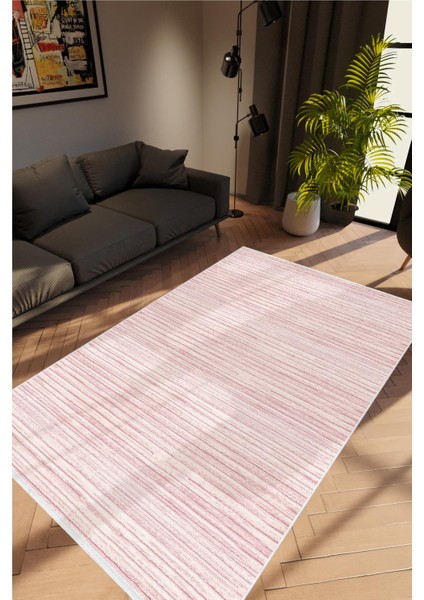 Salon Halısı Modern Eskitme Pembe Kaydırmaz Kesme Yıkanabilir Ince Halı Tüysüz Kilim