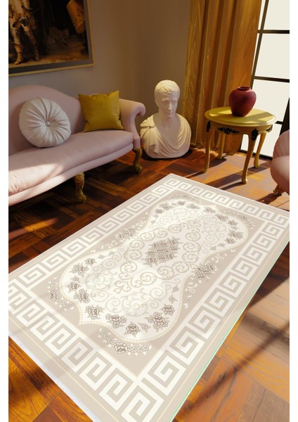 Salon Halısı Çiçekli Kilim Motifli Bej Gri Kaydırmaz Yıkanabilir Ince Halı Tüysüz Kilim
