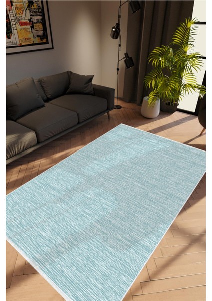 Salon Halısı Modern Eskitme Mavi Kaydırmaz Kesme Yıkanabilir Ince Halı Tüysüz Kilim