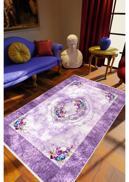 Salon Halısı Figürlü Çiçekli Mor Beyaz Kaydırmaz Kesme Yıkanabilir Ince Halı Tüysüz Kilim