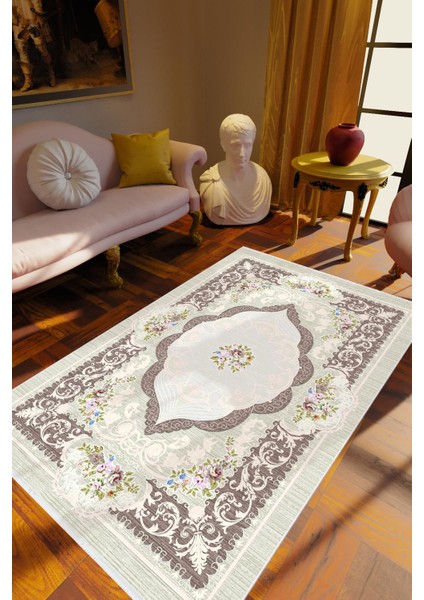 Salon Halısı Figürlü Çiçekli Gri Kaydırmaz Kesme Yıkanabilir Ince Halı Tüysüz Kilim