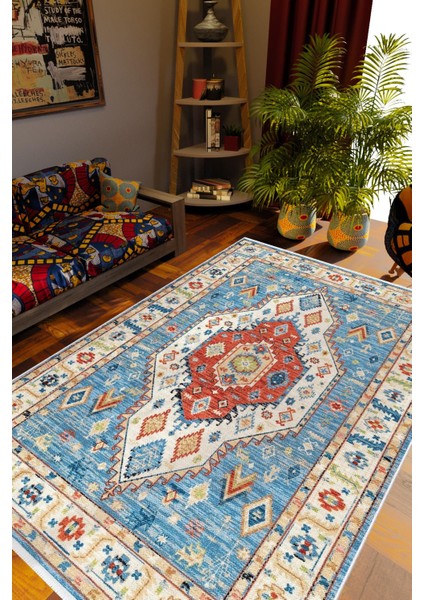 Salon Halısı Otantik Eskitme Mavi Ekru Kahverengi Kaydırmaz Kesme Yıkanabilir Ince Halı Tüysüz Kilim