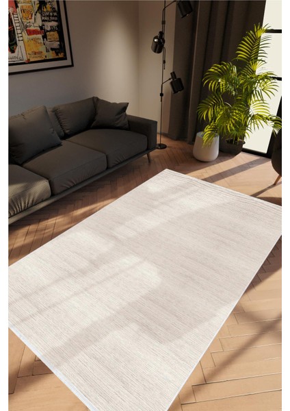 Salon Halısı Modern Eskitme Bej Ekru Kaydırmaz Kesme Yıkanabilir Ince Halı Tüysüz Kilim