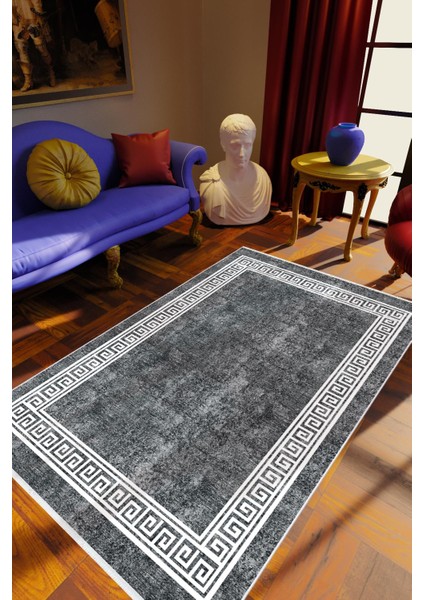 Salon Halısı Klasik Eskitme Gri Kaydırmaz Kesme Yıkanabilir Ince Halı Tüysüz Kilim