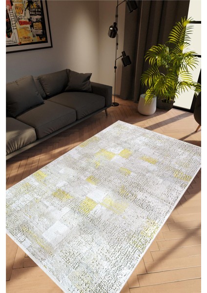 Salon Halısı Doku Eskitme Gri Gold Kaydırmaz Kesme Yıkanabilir Ince Halı Tüysüz Kilim