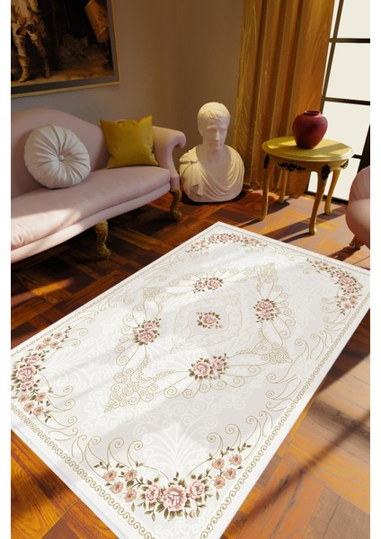 Salon Halısı Çiçekli Kilim Motifli Gri Mavi Kaydırmaz Yıkanabilir Ince Halı Tüysüz Kilim