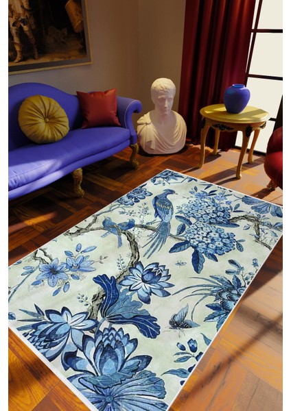 Salon Halısı Çiçekli Kuş Temalı Mavi Beyaz Kaydırmaz Yıkanabilir Ince Halı Tüysüz Kilim