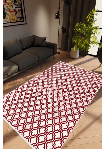 Salon Halısı Modern Geometrik Bordo Kahverengi Beyaz Kaydırmaz Yıkanabilir Ince Halı Tüysüz Kilim