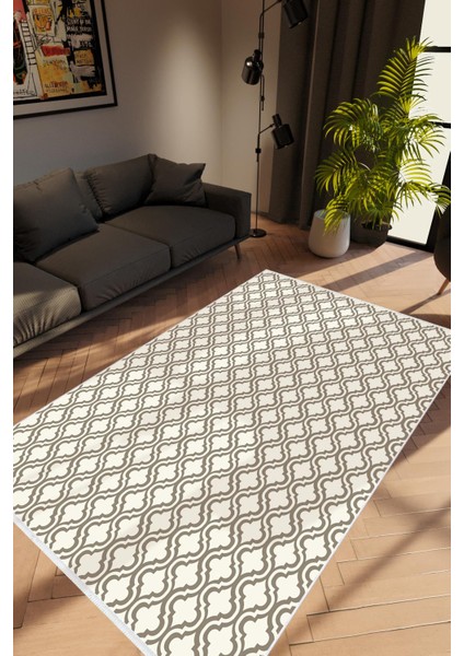 Salon Halısı Modern Geometrik Haki Krem Kaydırmaz Kesme Yıkanabilir Ince Halı Tüysüz Kilim